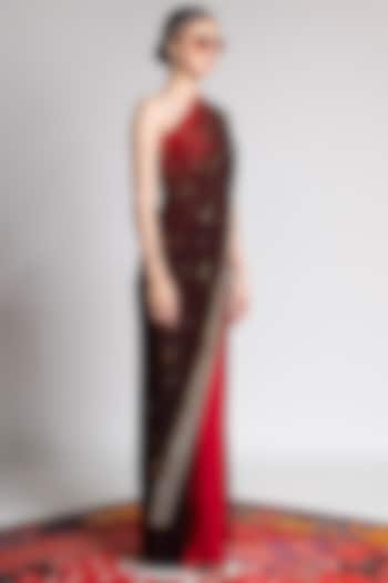 Red Ombre Printed & Embroidered Saree Set by Shivan & Narresh