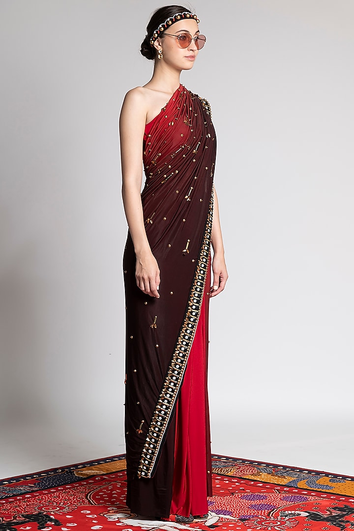 Red Ombre Printed & Embroidered Saree Set by Shivan & Narresh