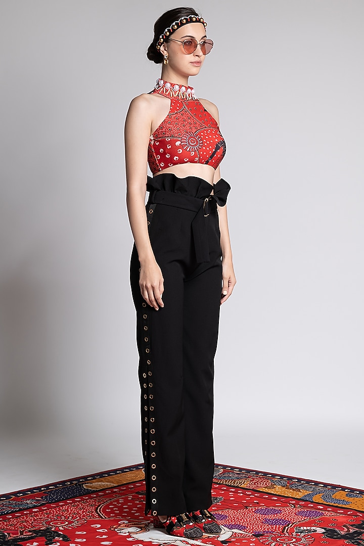 Red Printed & Embroidered Halter Neck Blouse by Shivan & Narresh