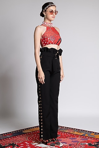 Red Printed & Embroidered Halter Neck Blouse by Shivan & Narresh