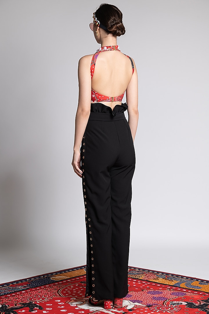Red Printed & Embroidered Halter Neck Blouse by Shivan & Narresh at Pernia's Pop Up Shop