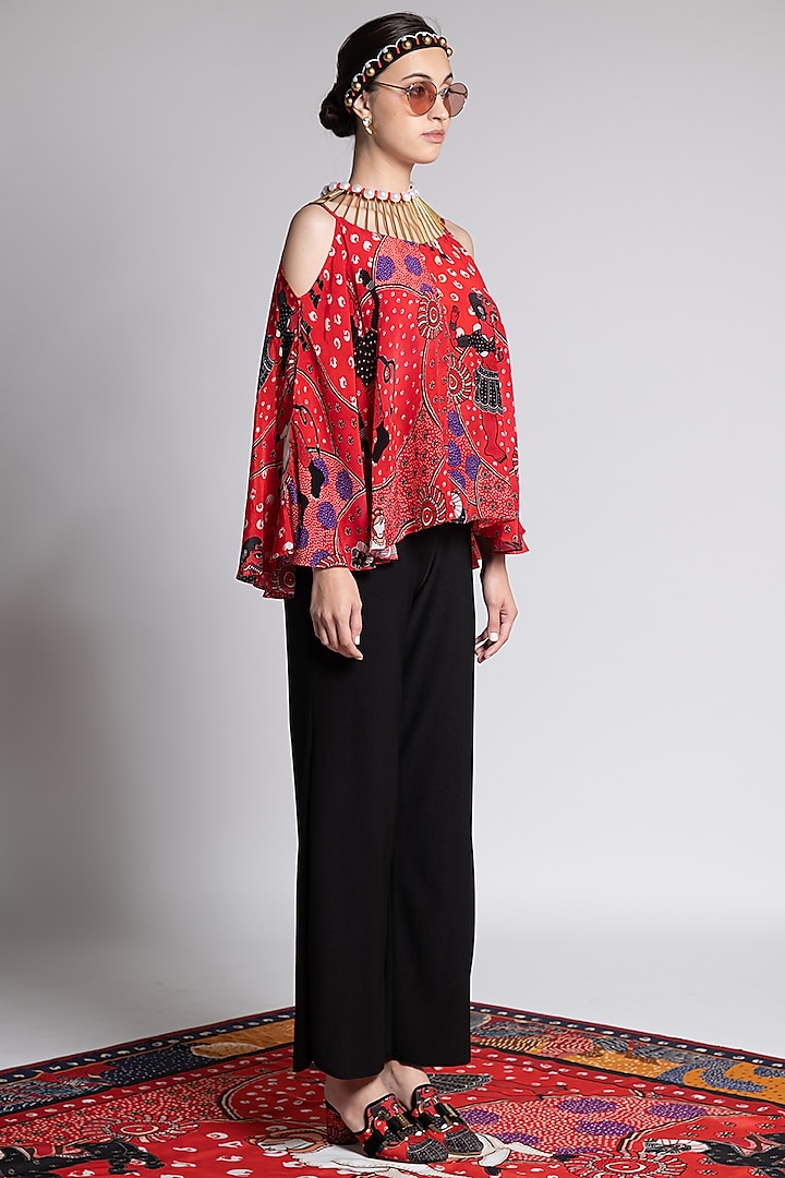 Red Printed & Embroidered Top by Shivan & Narresh