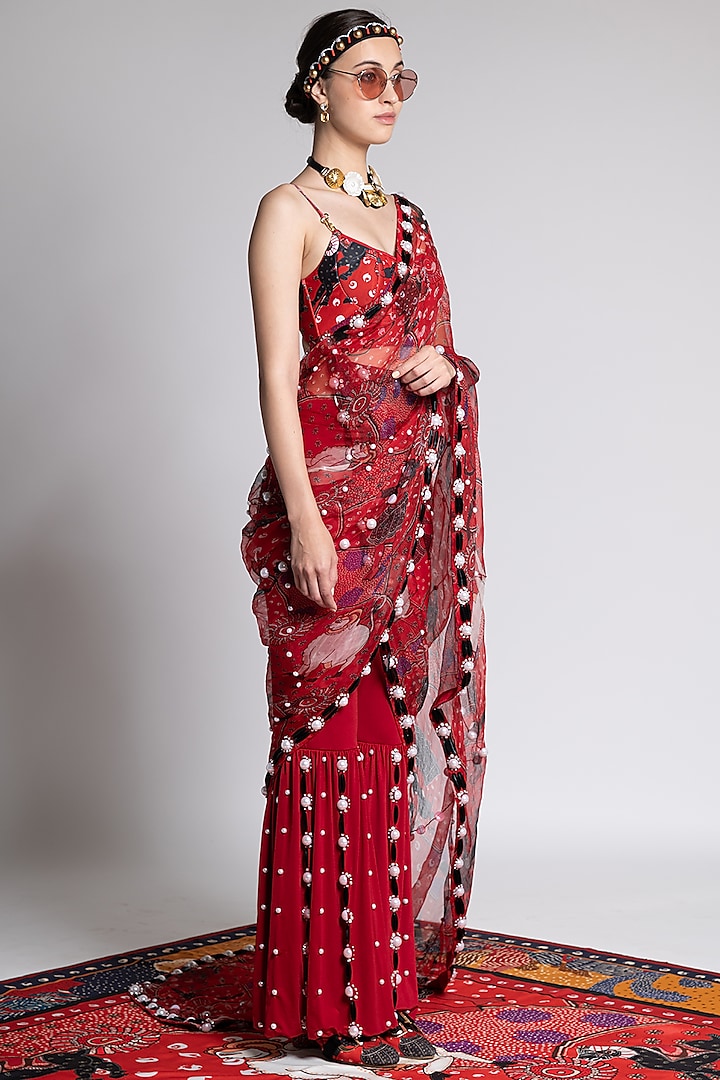 Red Printed & Embroidered Sheer Saree by Shivan & Narresh