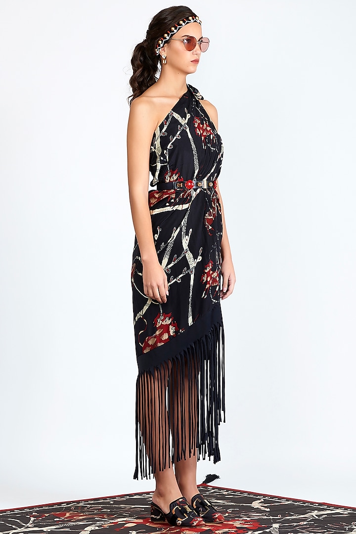 Black Printed Paneyo Cover Up With Fringes by Shivan & Narresh