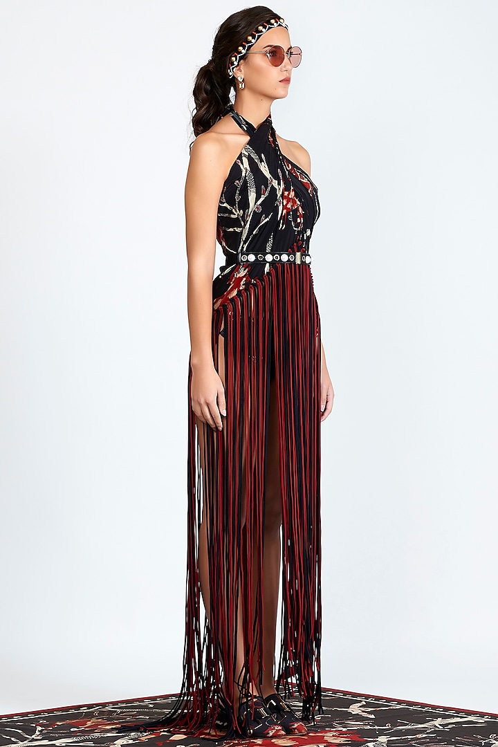 Black Printed Cover Up With Fringes by Shivan & Narresh