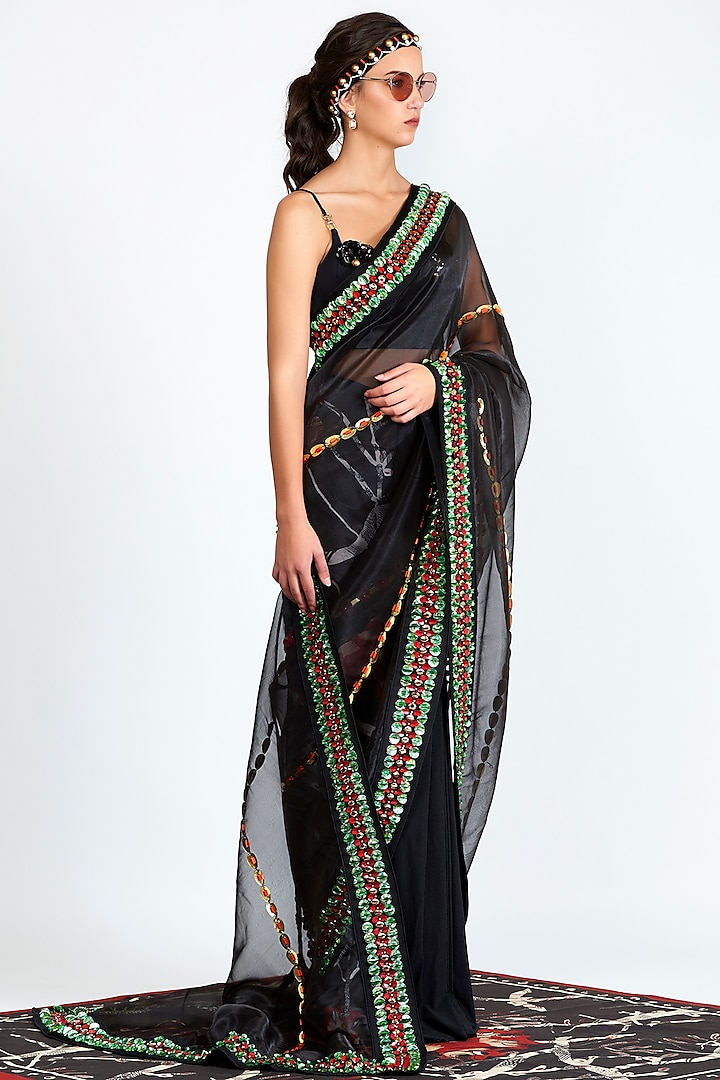 Black Printed & Embroidered Sheer Pre-Stitched Saree by Shivan & Narresh
