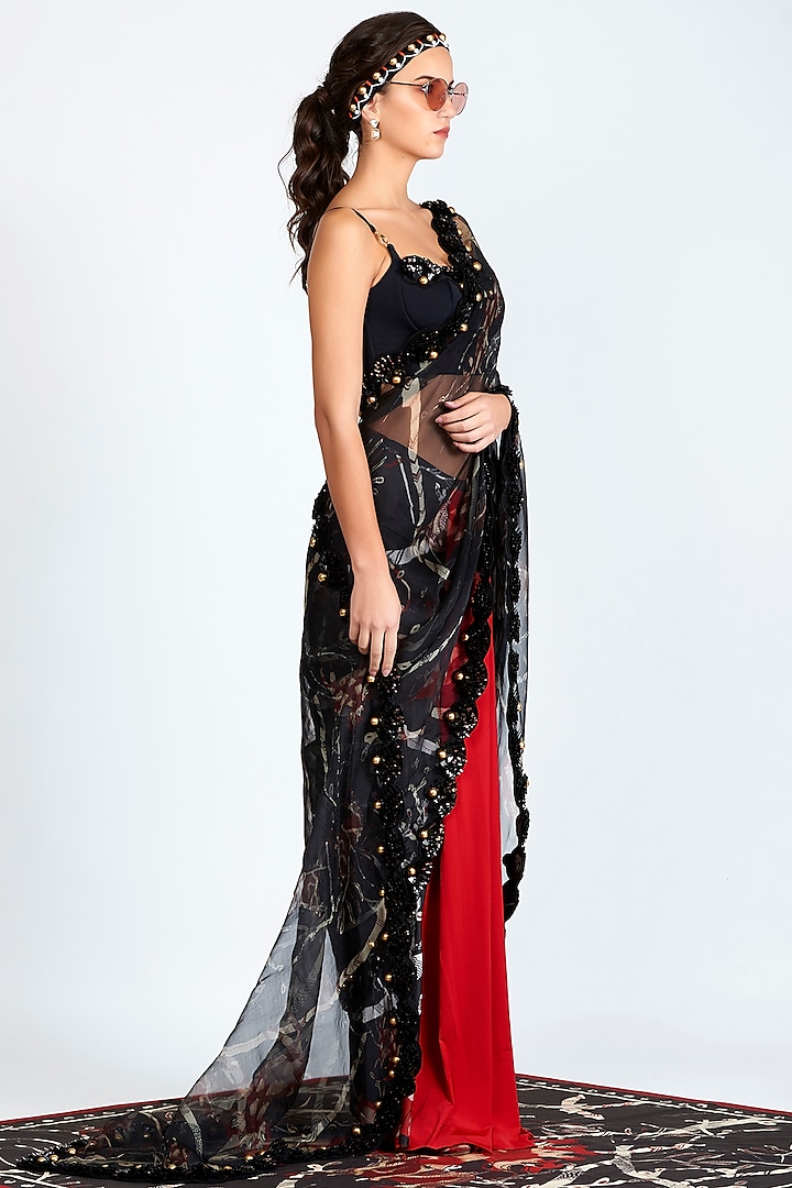 Black Printed Embroidered Sheer Pre-Stitched Saree by Shivan & Narresh