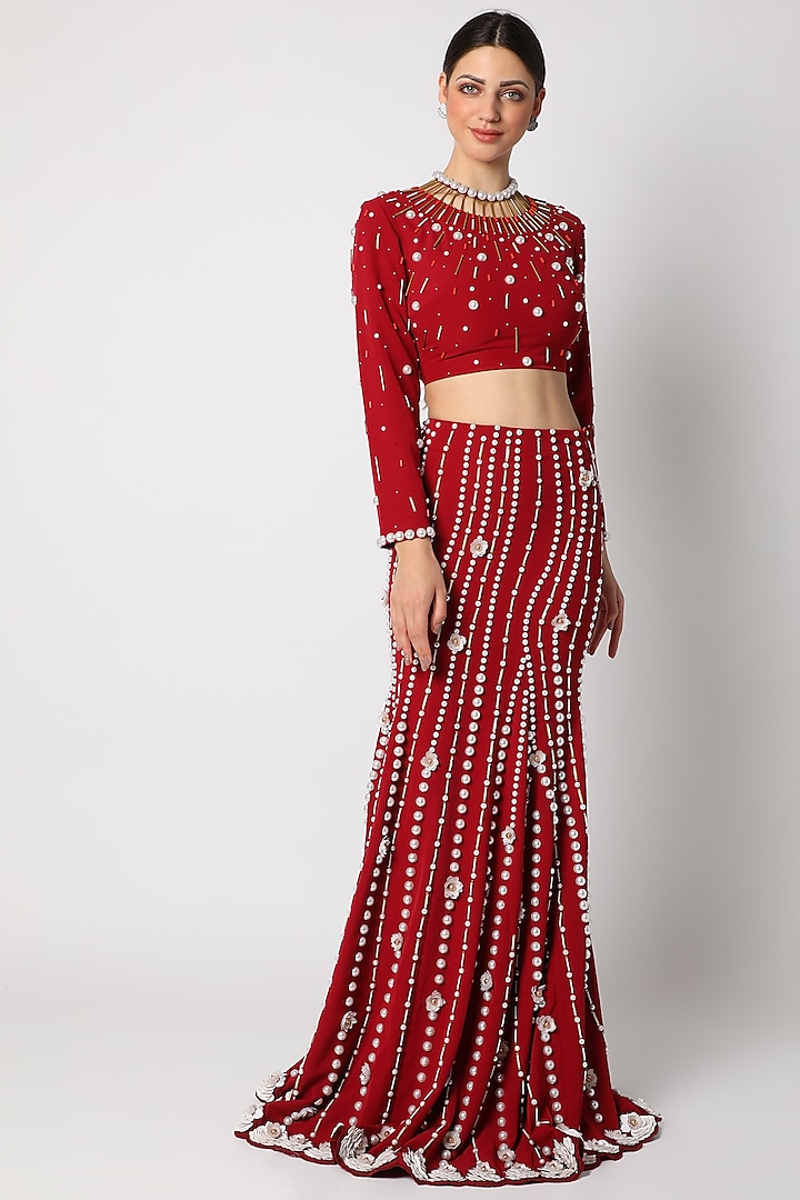 Red Blouse With Metallic Trims by Shivan & Narresh