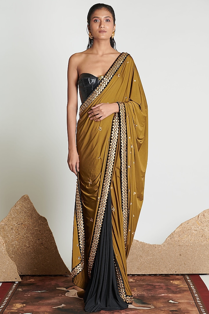 Beige And Black Italian Jersey Tailored Saree Design By Shivan And Narresh At Pernias Pop Up Shop 2024 