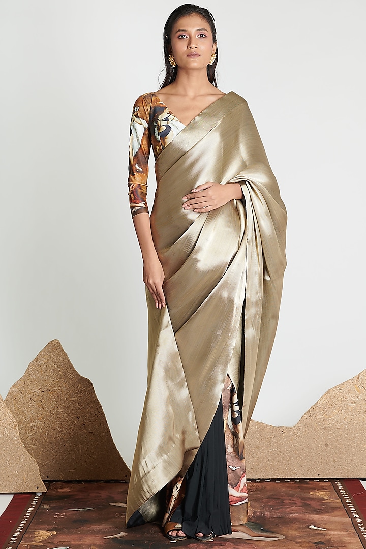 Gold Tailored Saree Set by Shivan & Narresh