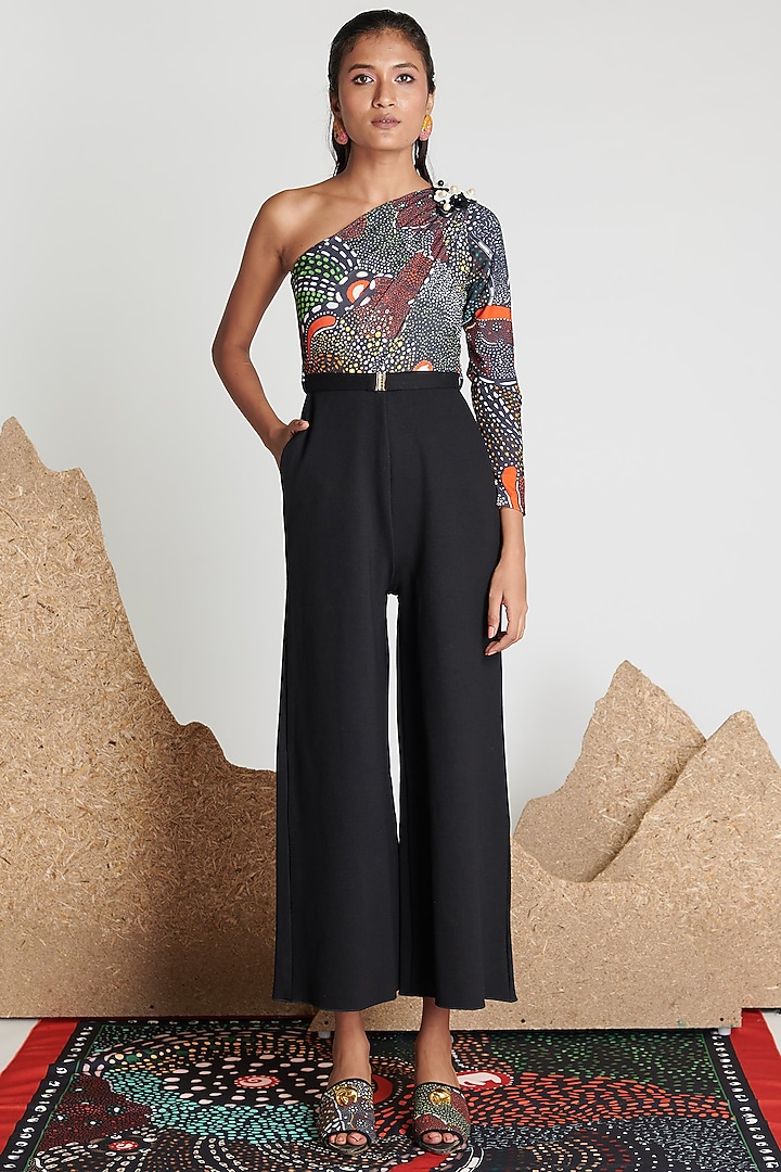 Green & Black One-Shoulder Jumpsuit by Shivan & Narresh at Pernia's Pop Up Shop