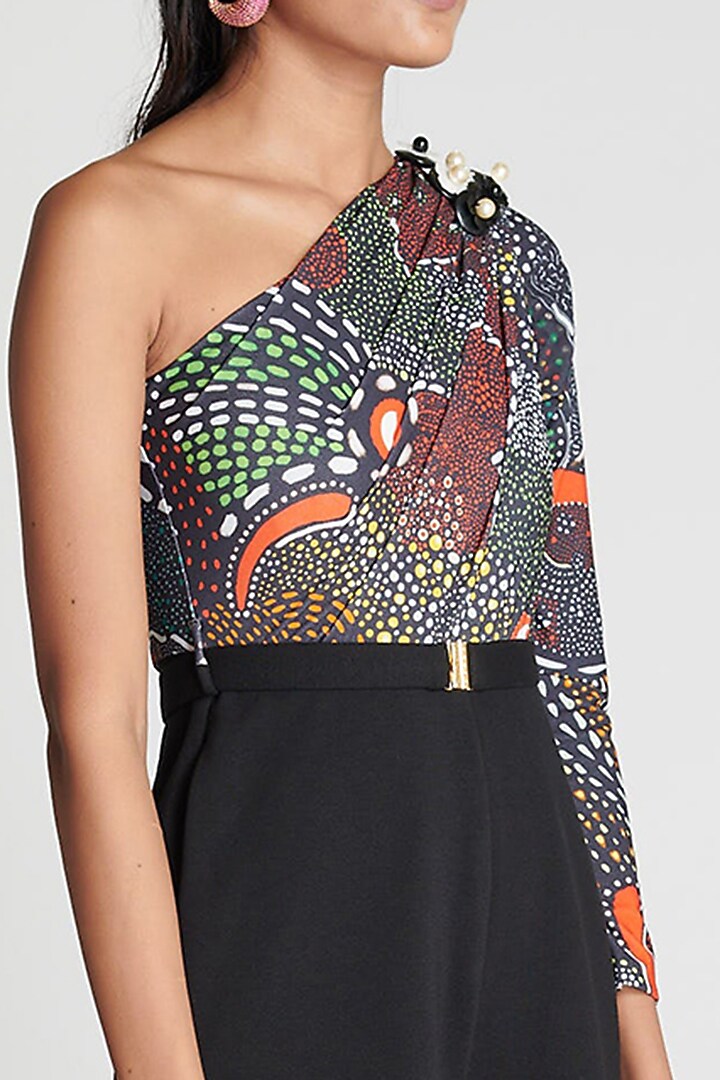Green & Black One-Shoulder Jumpsuit by Shivan & Narresh at Pernia's Pop Up Shop