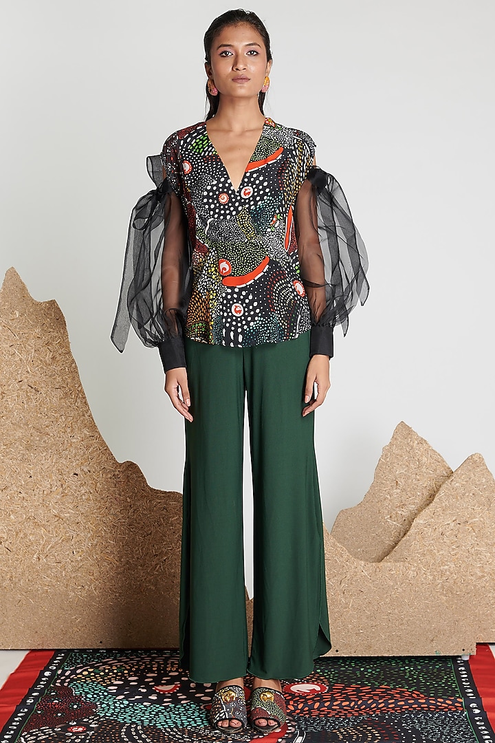 Green Knitted Polyester Jersey Belted Palazzo Pants by Shivan & Narresh at Pernia's Pop Up Shop