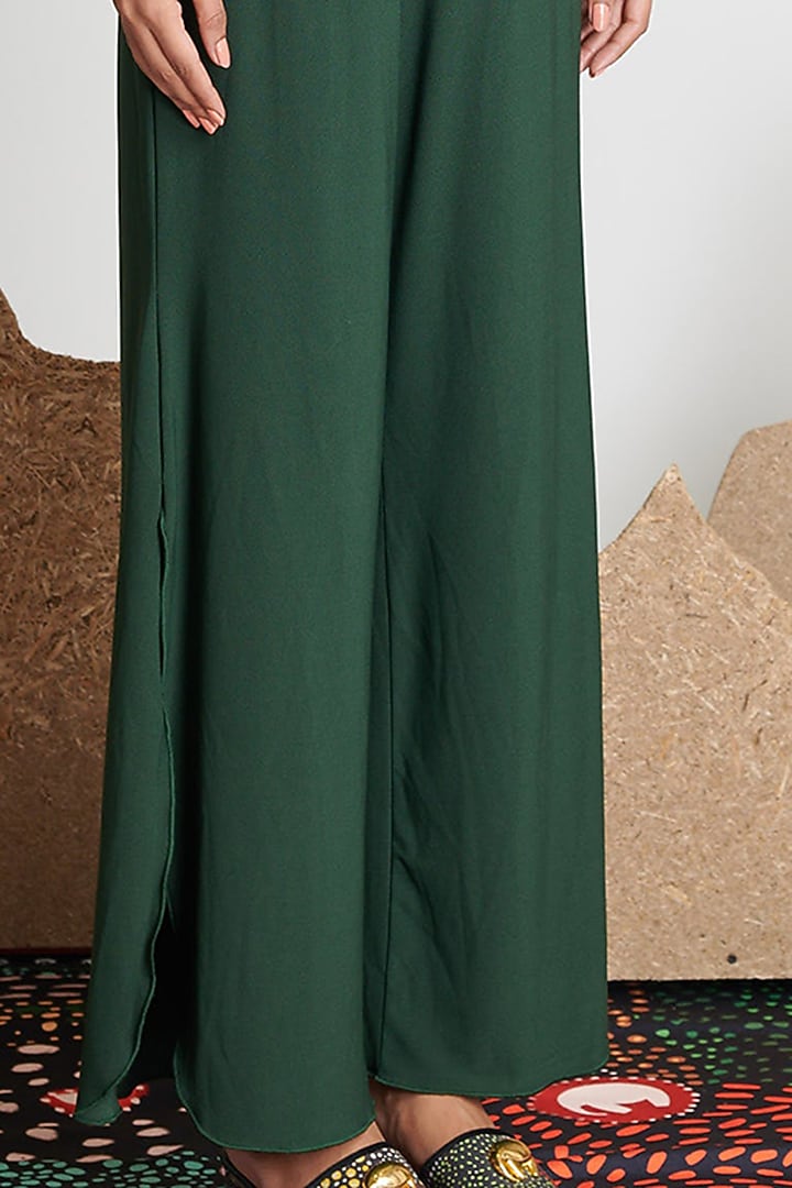 Green Knitted Polyester Jersey Belted Palazzo Pants by Shivan & Narresh at Pernia's Pop Up Shop