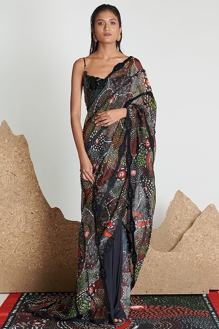 Multi-Colored Tailored Saree With Skein Work by Shivan & Narresh