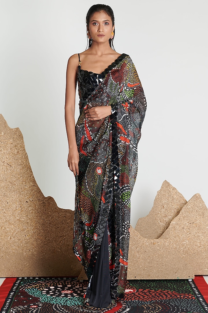 Multi-Colored Silk Organza & Italian Jersey Tailored Saree by Shivan & Narresh