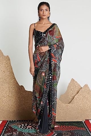 Multi-Colored Silk Organza & Italian Jersey Tailored Saree by Shivan & Narresh