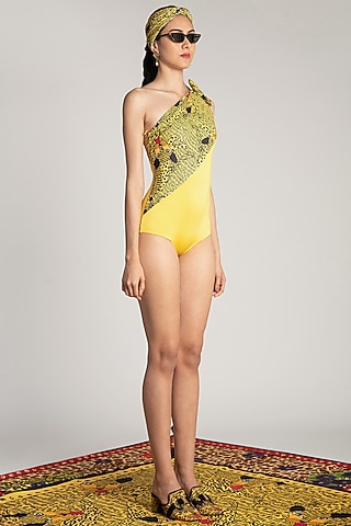 Yellow Printed Maillot Swimsuit by Shivan & Narresh