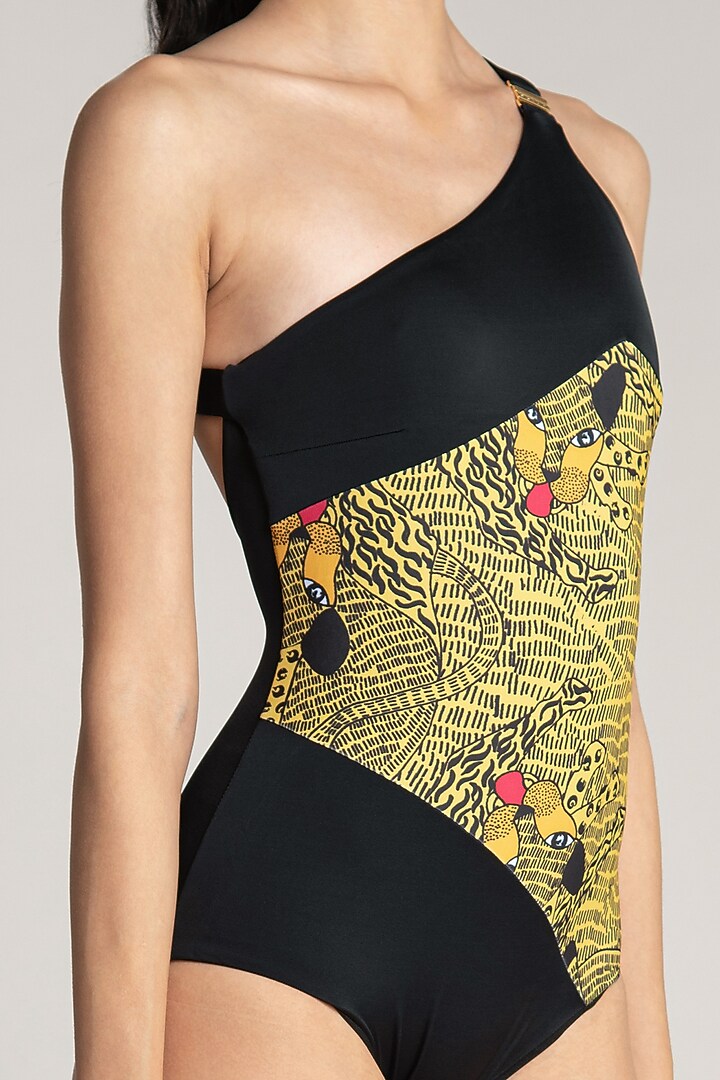 Yellow Printed One Shoulder Maillot Swimsuit by Shivan & Narresh at Pernia's Pop Up Shop