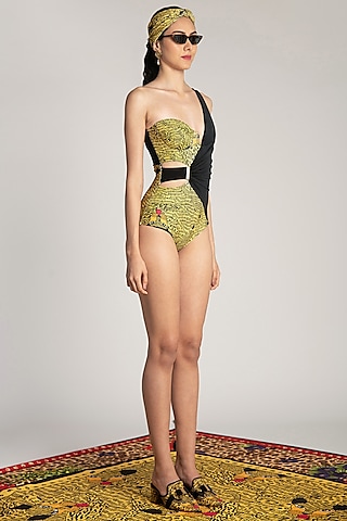 Yellow Printed Draped Trikini by Shivan & Narresh