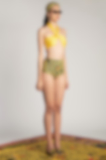 Yellow Printed Draped Bikini Set by Shivan & Narresh
