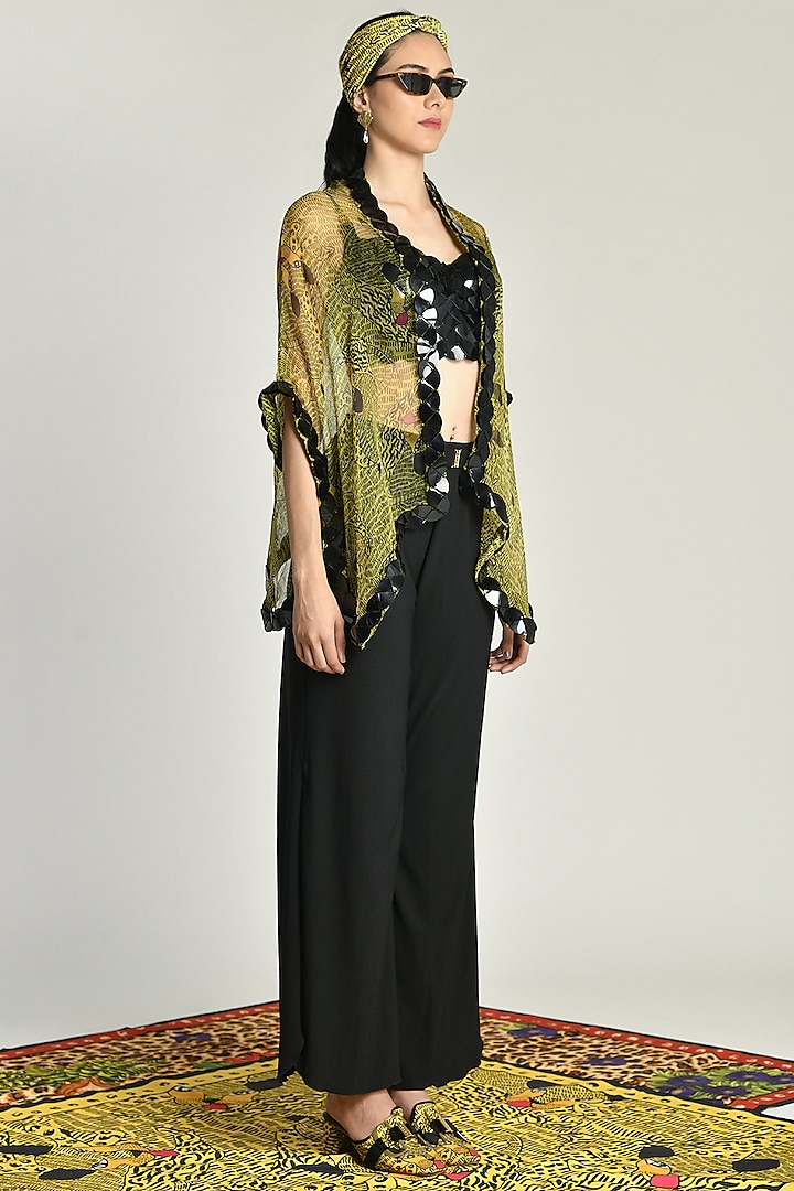 Yellow Embroidered & Printed Sheer Cape by Shivan & Narresh