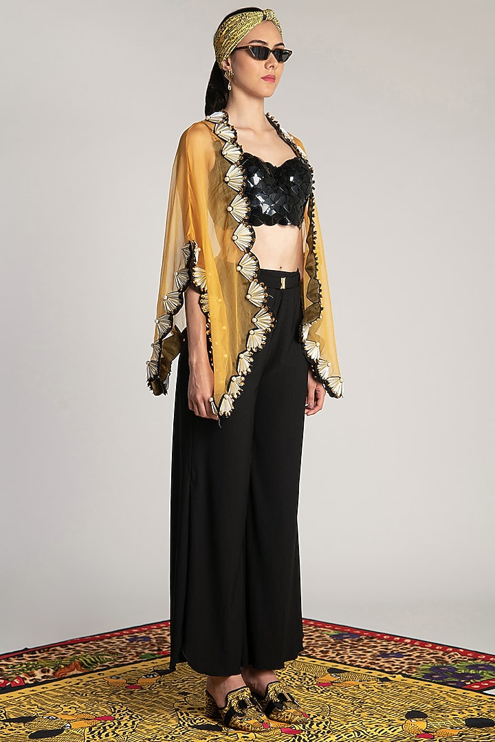 Yellow Embroidered Sheer Cape by Shivan & Narresh at Pernia's Pop Up Shop