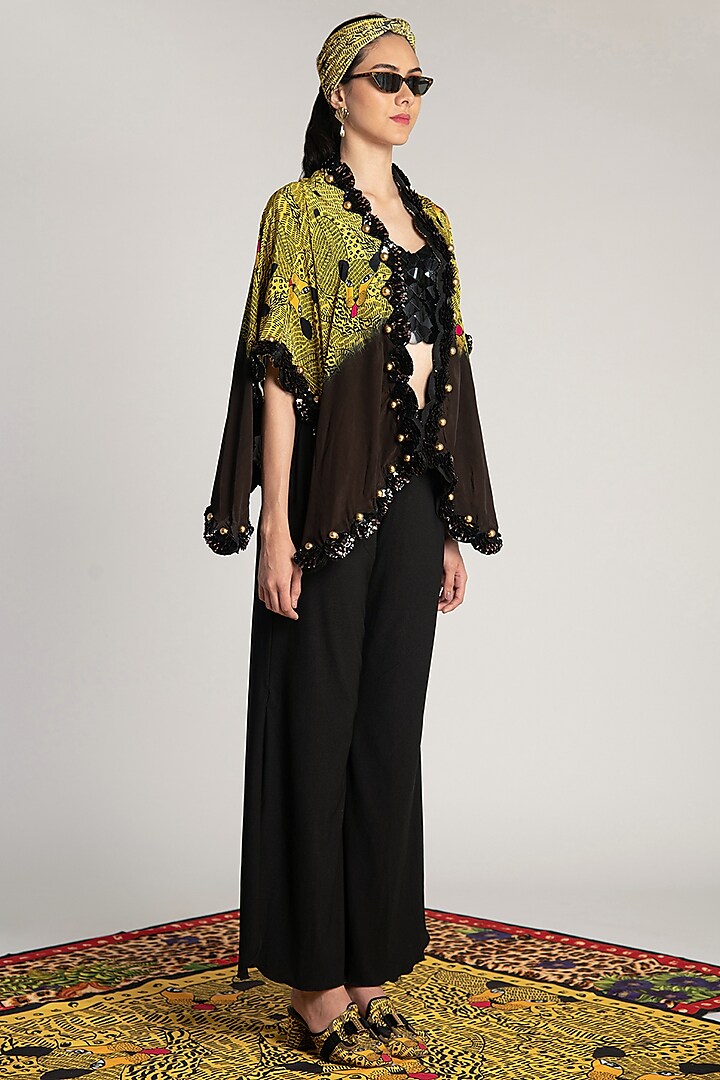 Yellow Printed & Embroidered Ombre Cape by Shivan & Narresh