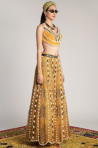 Yellow Printed & Embroidered Palazzo Pants by Shivan & Narresh