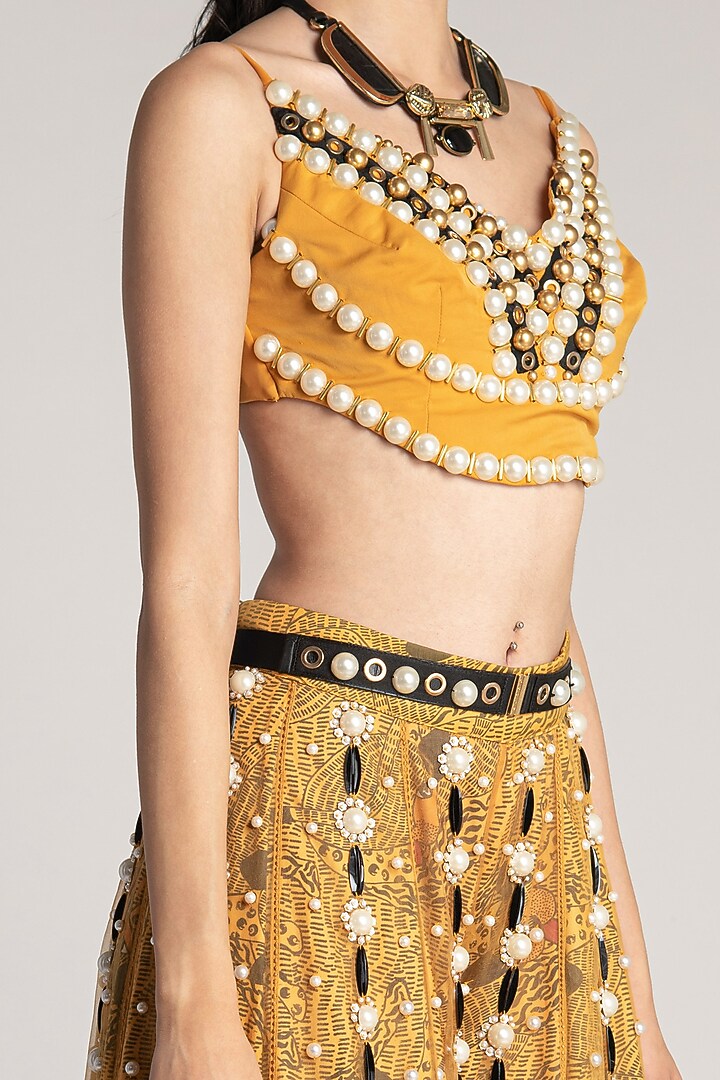 Yellow Printed & Embroidered Palazzo Pants by Shivan & Narresh at Pernia's Pop Up Shop