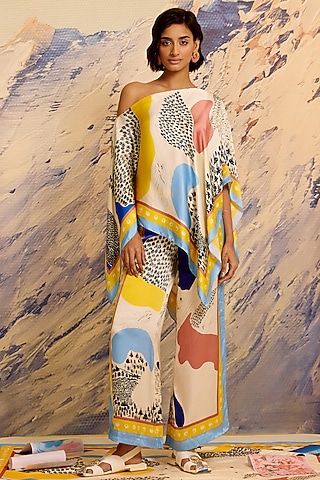 Multi-Colored Silk Satin Asymmetrical Off-Shoulder Scarf Top by Shivan & Narresh