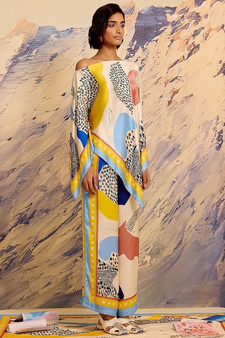 Multi-Colored Silk Satin Asymmetrical Off-Shoulder Scarf Top by Shivan & Narresh at Pernia's Pop Up Shop