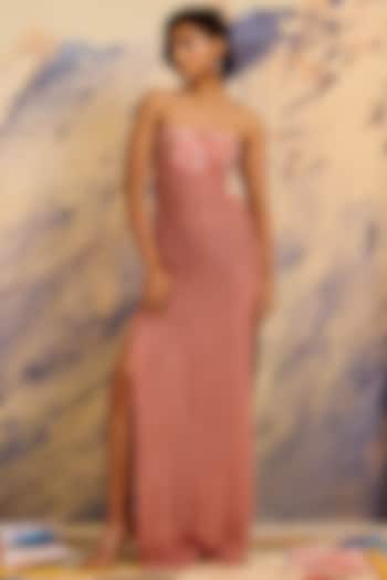 Salmon-Colored Cotton Organza Embellished Bandeau Engagement Gown by Shivan & Narresh at Pernia's Pop Up Shop