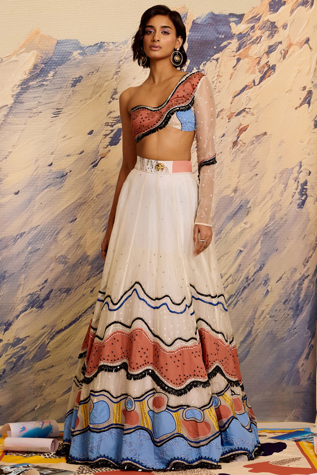 Shivan & Narresh Multi-Colored Silk Organza & Cotton Threadwork Lehenga