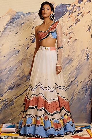 Multi-Colored Silk Organza & Cotton Threadwork Lehenga by Shivan & Narresh