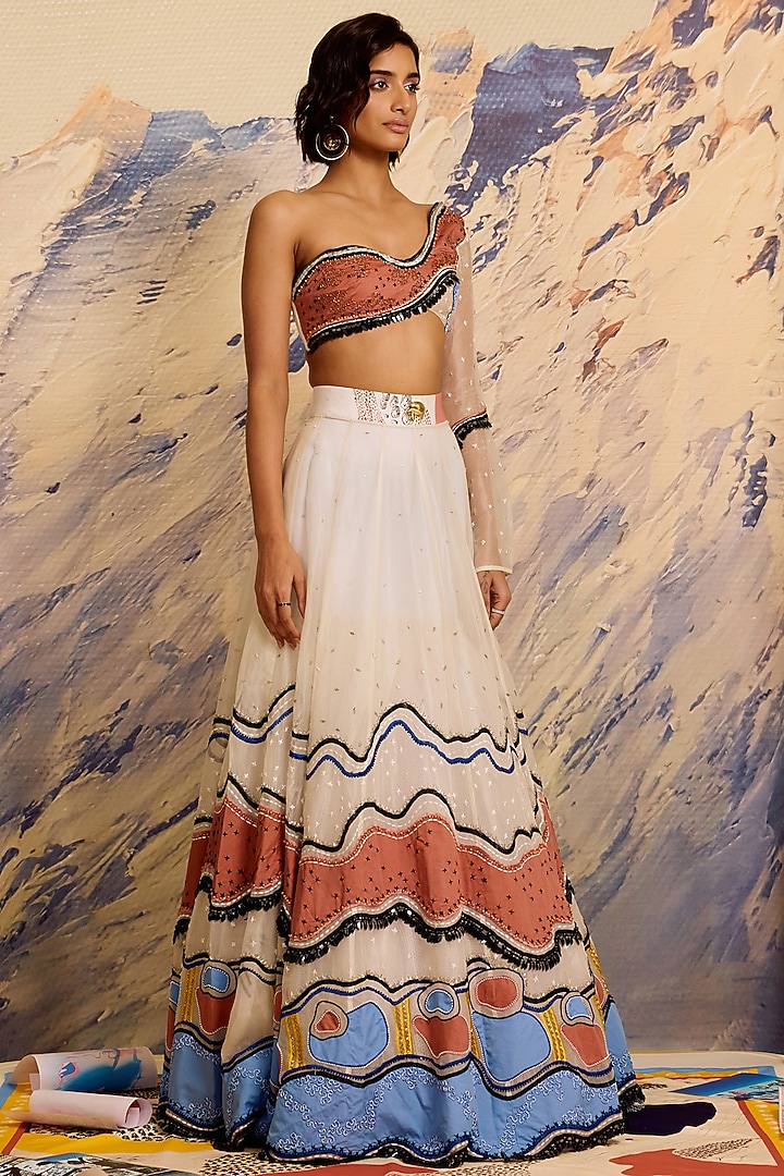 Multi-Colored Silk Organza & Cotton Threadwork Bridal Lehenga by Shivan & Narresh at Pernia's Pop Up Shop