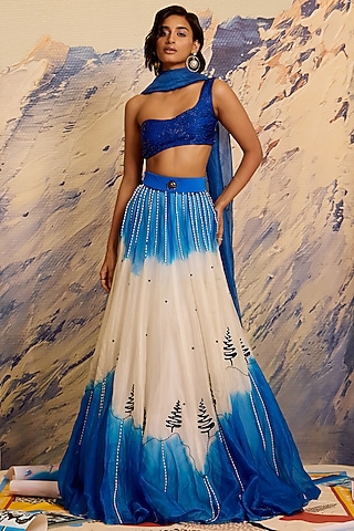 Cobalt Silk Organza & Cotton Beadwork Blouse by Shivan & Narresh