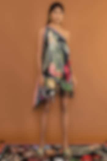 Black Printed One-Shoulder Dress by Shivan & Narresh at Pernia's Pop Up Shop