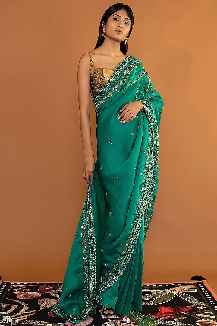 Green Jersey Saree by Shivan & Narresh