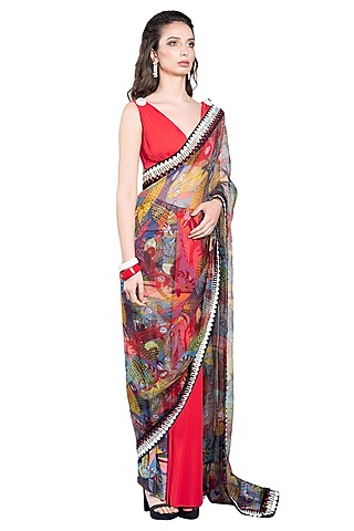 Multi Colored Skein Sheer Pre-Stitched Saree by Shivan & Narresh