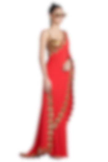 Red Metallic Resin Pre-Stitched Reception Saree by Shivan & Narresh at Pernia's Pop Up Shop