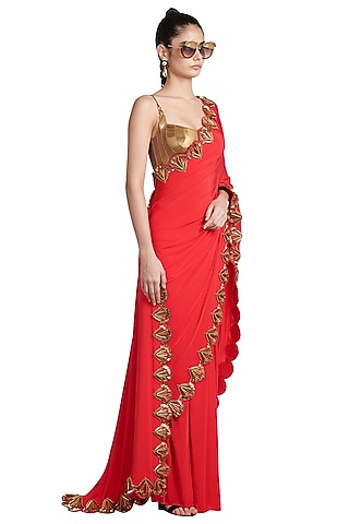 Red Metallic Resin Pre-Stitched Saree by Shivan & Narresh