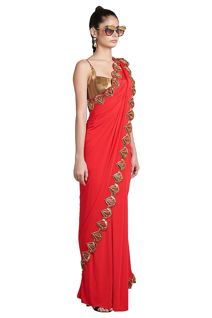 Red Metallic Resin Pre-Stitched Reception Saree by Shivan & Narresh at Pernia's Pop Up Shop