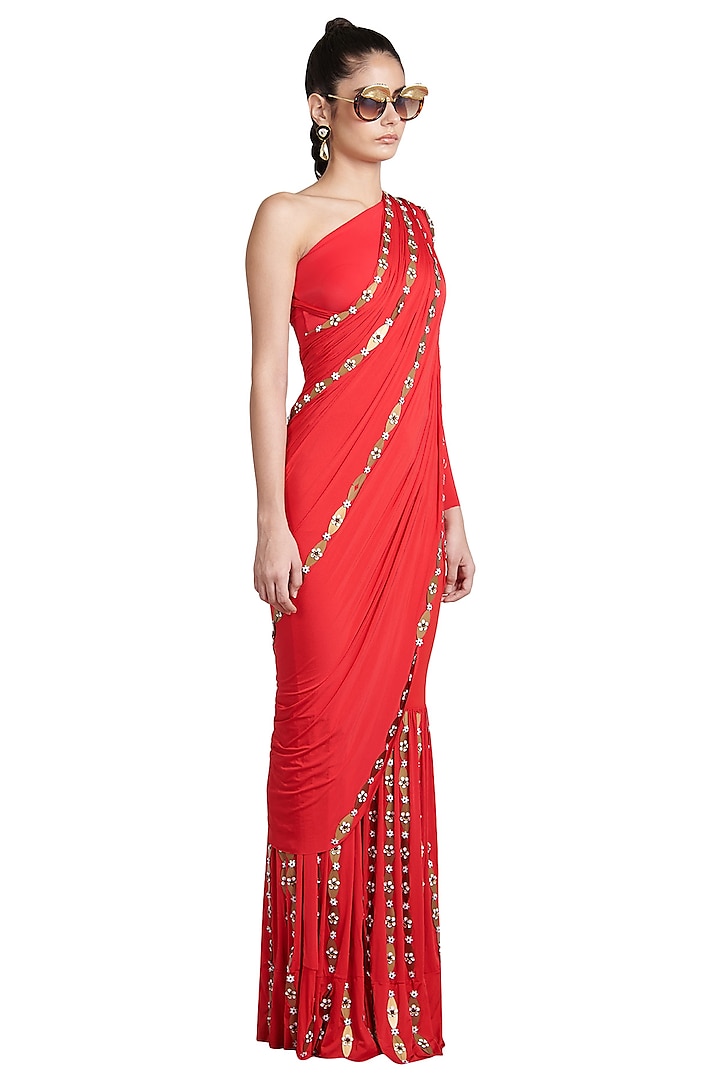 Red Metallic Resin Pant Saree by Shivan & Narresh