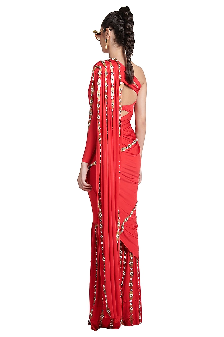 Red Metallic Resin Pant Wedding Saree by Shivan & Narresh at Pernia's Pop Up Shop