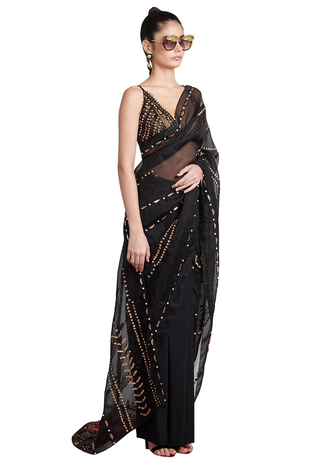 Black Skein Sheer Pre Stitched Saree Design By Shivan And Narresh At Pernias Pop Up Shop 2023