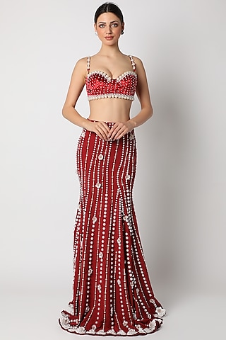 Red Pearl Skeinwork Bustier by Shivan & Narresh