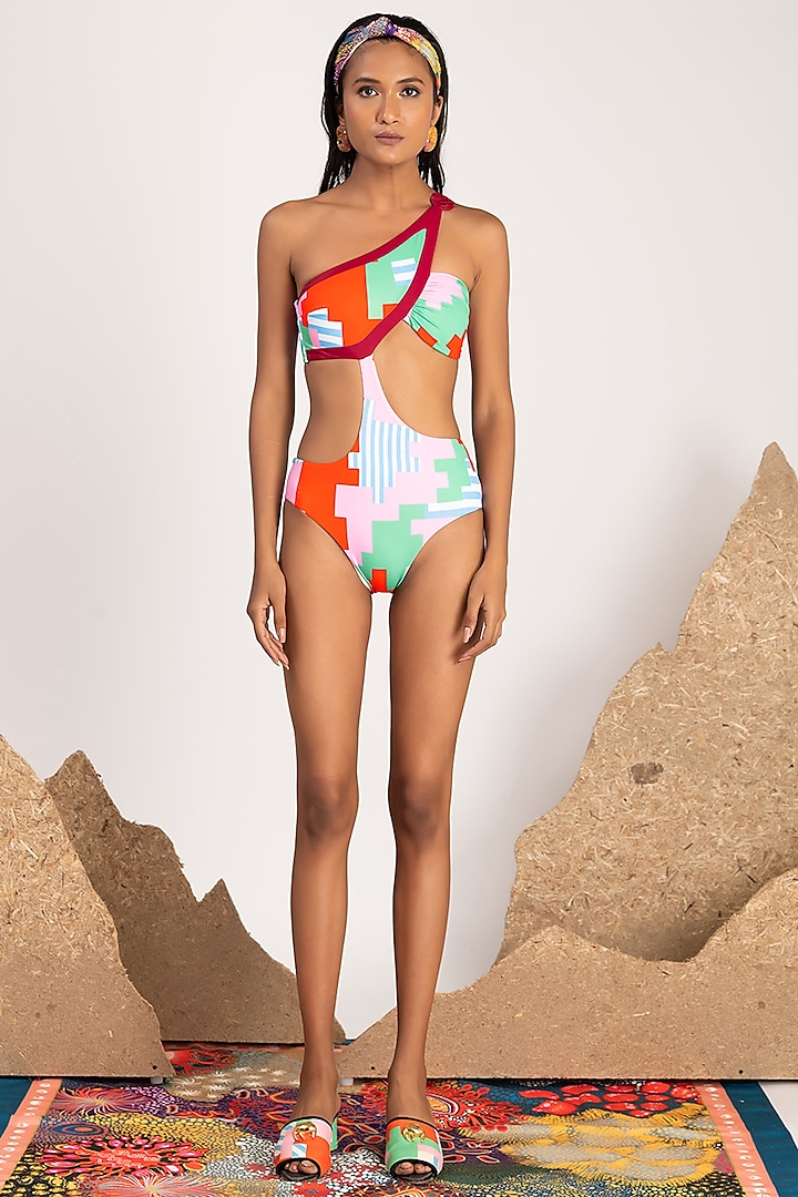 Multi-Colored Printed One-Shoulder Trikini by Shivan & Narresh