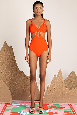Orange Printed Twin Shoulder Trikini by Shivan & Narresh