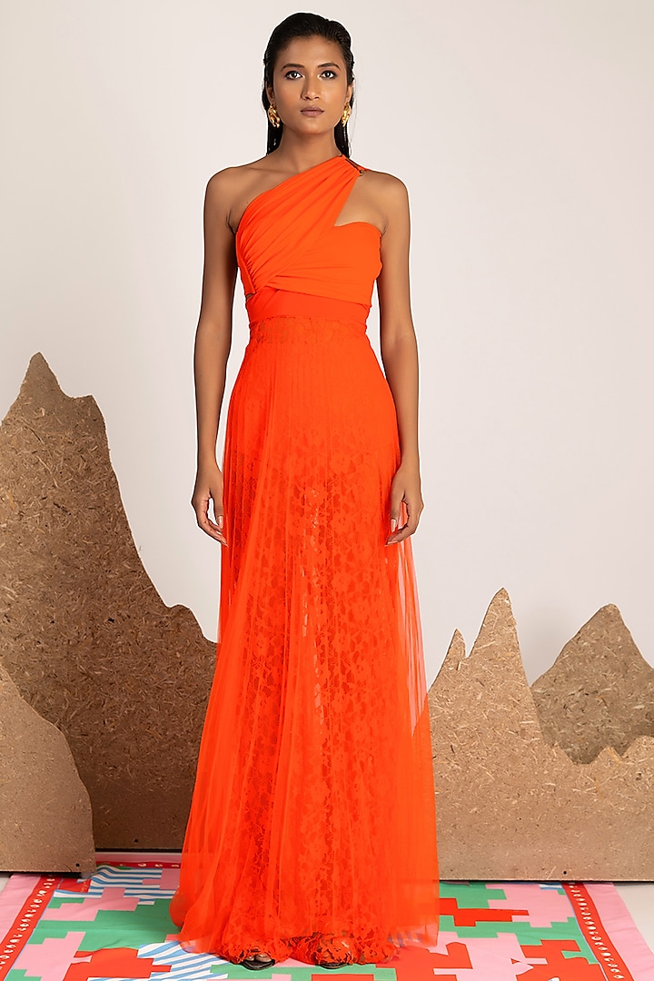 Orange Korean Lace Gown by Shivan & Narresh